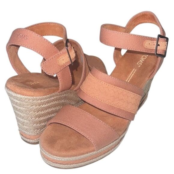 Toms Madelyn Sandy Beige Canvas Braided Espadrille Wedge Sandals Size 7 - Picture 1 of 13